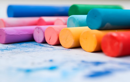 Colorful crayons on a blue background. Close up.の素材