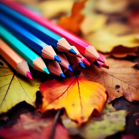 Colored pencils and autumn leaves on a dark background. Selective focus.の素材