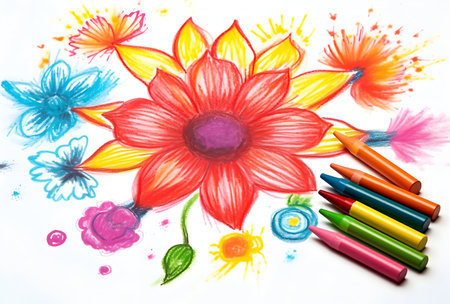 Colorful crayons and flowers on a white background, hand drawnの素材