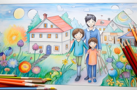 Children's drawing of a happy family in front of the house.の素材