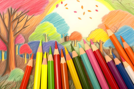 Colorful pencils on the background of the landscape. Children's drawing.の素材