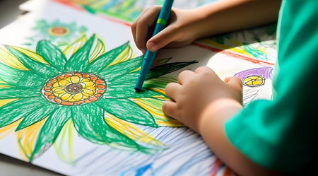 Child drawing with colorful pencils on paper. Selective focus.の素材