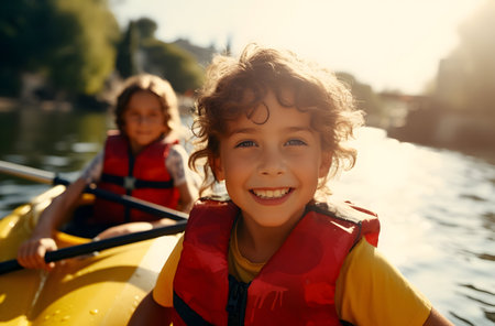 Portrait of smiling boy in kayak with his sister on the lakeの素材