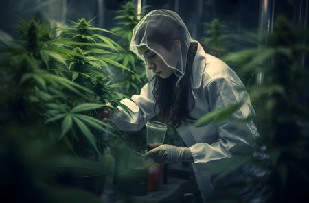 Scientist working in the laboratory. Young woman scientist working with CBD oil extracted from a marijuana plant. Medicinal indica with CBD.の素材