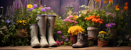 Gardening tools and flowers in the garden. Gardening concept.の素材