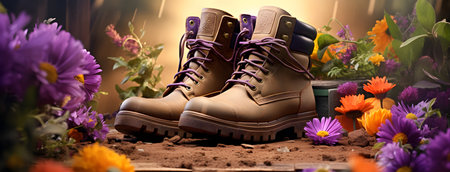 Hiking boots with flowers on the ground. 3D illustrations.の素材