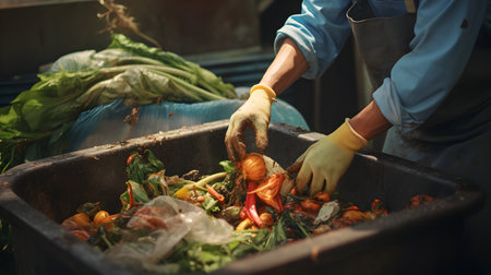 Close-up of a man's hands picking up fresh vegetables in a containerの素材