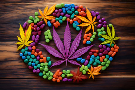 Cannabis leaf and pills on wooden background. Top view.の素材