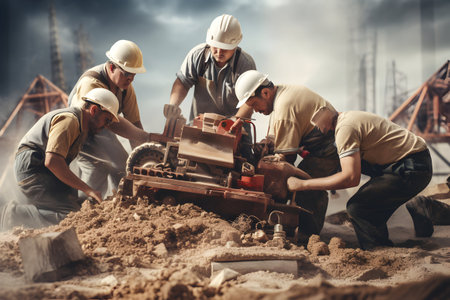 Group of construction workers working on a building site. Construction concept.の素材