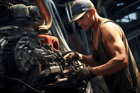 Portrait of a mechanic repairing a car engine in a workshop.の素材