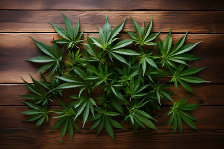Marijuana leaves on wooden background, top view with copy space.の素材