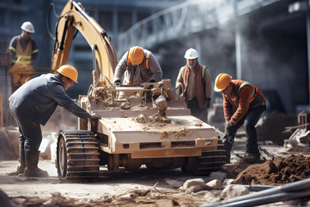 Group of construction workers working together on building site. Selective focusの素材