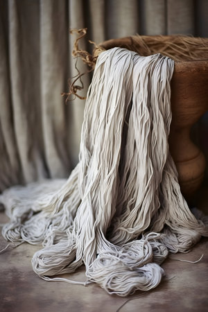Cotton threads in a wooden vase on the background of curtainsの素材