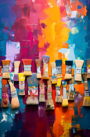 Paint brushes on a palette of oil paints. Colorful backgroundの素材