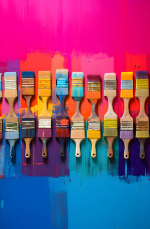 Paint brushes on a colorful background. Colorful paint brushes.の素材
