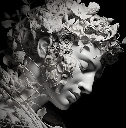 Digital illustration of a female face with floral ornament in black and whiteの素材
