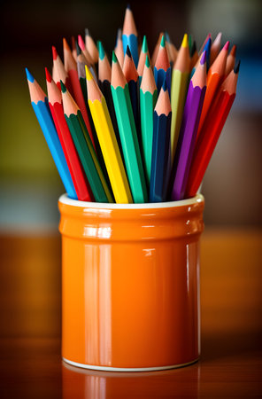 Colorful pencils in a vase on the wooden table.の素材