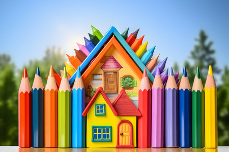 Colorful pencils in the shape of a house on nature backgroundの素材