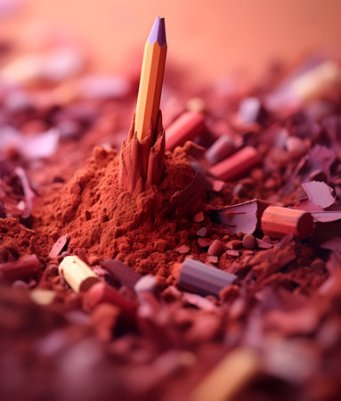 Pencils and crushed cocoa powder. Shallow depth of field.の素材
