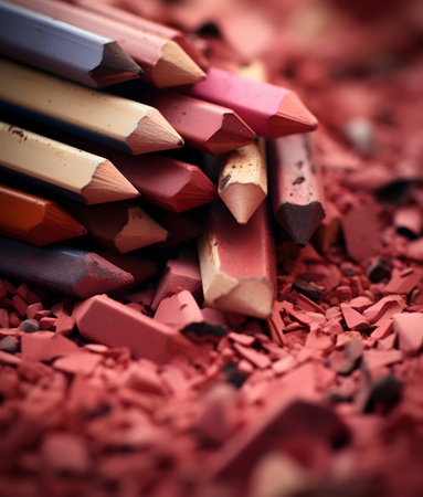 Colorful crayons on a red background. Toned.の素材