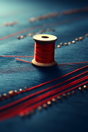 Spool of red thread on a blue background. Shallow depth of fieldの素材