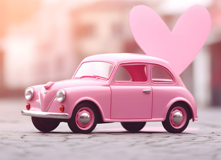 Pink retro car with a heart on the roof. 3d renderingの素材