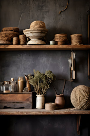 Interior of a rustic kitchen with vintage kitchenware and toolsの素材