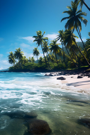 Tropical beach with palm trees and blue sky, Seychellesの素材