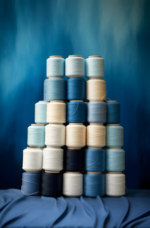 Spools of thread in the form of a pyramid on a blue backgroundの素材
