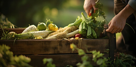 Fresh vegetables in a wooden box. Selective focus. nature.の素材