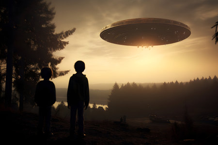 Children looking at flying saucer in the foggy forest.の素材