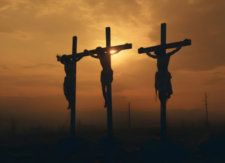 Crucifixion of Jesus Christ on the cross with sunset backgroundの素材