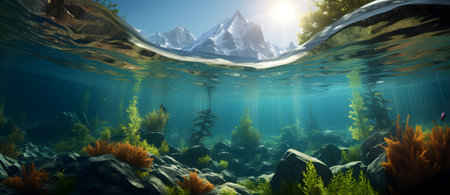 Underwater landscape with fish and mountains. 3d render illustration.の素材