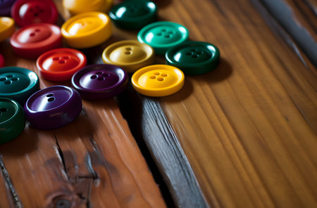 Colorful buttons on a wooden table. Shallow depth of field.の素材