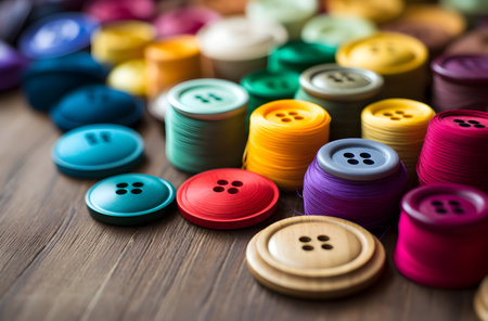 Colorful sewing buttons on a wooden table. Selective focus.の素材