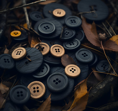 Buttons on the ground in the autumn forest. Selective focus.の素材