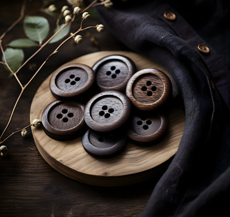 Wooden buttons on a wooden board, vintage style, selective focusの素材