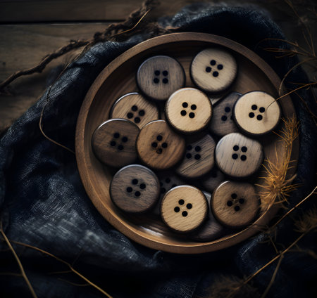 Wooden buttons on a wooden background. Vintage style toned pictureの素材