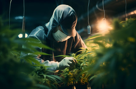 Male scientist examining and checking cannabis plant in greenhouse. He is wearing protective mask and gloves.の素材