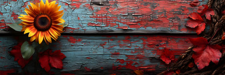 Autumn background with sunflowers and red leaves on wooden backgroundの素材