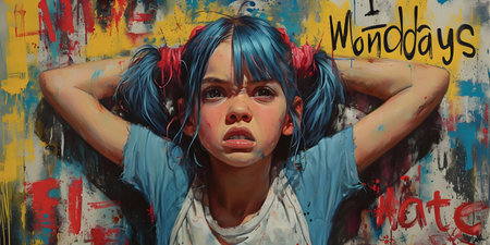 Portrait of a young girl with blue hair on the background of graffitiの素材