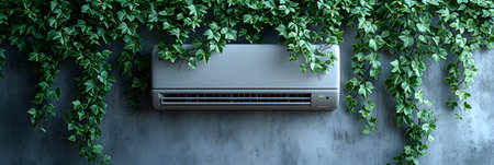 Air conditioner with green leaves on concrete wall. 3d renderingの素材