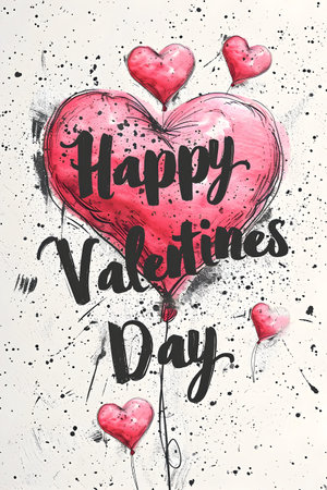 Valentines day greeting card. Hand drawn lettering and hearts on white backgroundの素材
