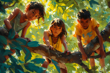 Children playing in the jungle in Bali, Indonesia. Children and nature concept.の素材