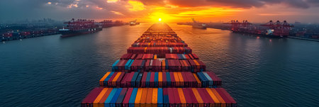 Aerial view of container cargo ship in the port at sunset.の素材