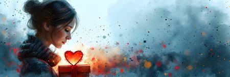 Valentine's day concept. Portrait of a beautiful young woman holding a gift box in the shape of a heart. Copy space.の素材