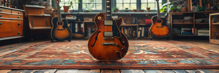 Guitar on the floor in the room. Musical instrument.の素材