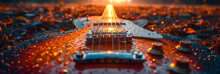 Guitar on the background of the setting sun. 3d renderingの素材