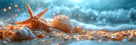 Seashells and starfish on the sand. 3d illustrationの素材