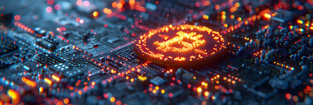 Cryptocurrency coin on a computer circuit board close-up.の素材